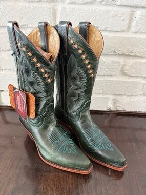 Justin Boots Dark Green Western Boots with Turquoise and Brown  Stitching 6.5